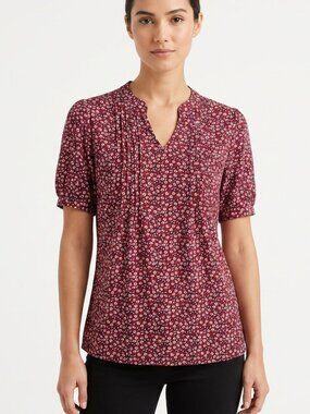NWOT | Red Floral Print V-Neck Blouse Short Puff Sleeve Smocked Detail | Small